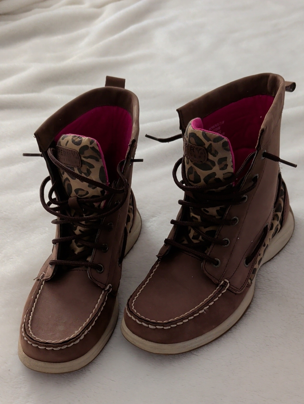 Sperry Brown Lace-Up Ankle Boots with Leopard Accent